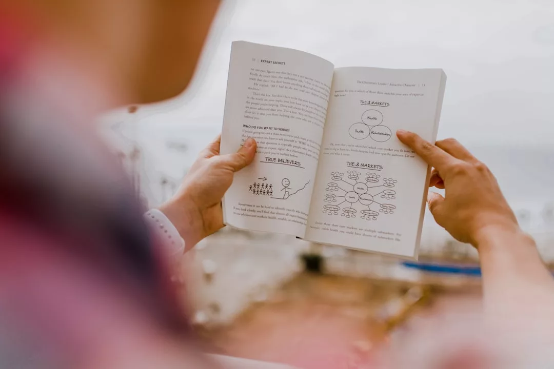 Person, die ein aufgeschlagenes Buch mit Diagrammen und Text in der Hand hält und liest, von hinten gesehen, mit Hervorhebung der persönlichen Entwicklung, mit einer unscharfen Außenumgebung im Hintergrund.