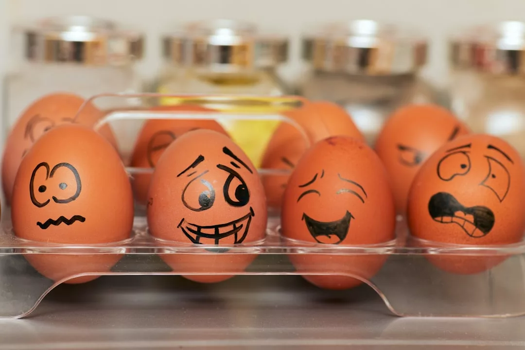 Braune Eier in einem Karton zeigen verschiedene mit schwarzem Marker gezeichnete Cartoon-Mimiken, die das Wesen der Emotionalen Intelligenz einfangen; Gewürzdosen sind im Hintergrund verschwommen.