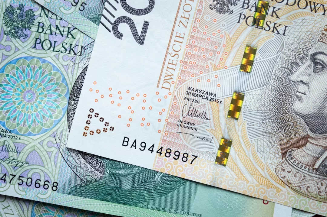 Nahaufnahme von sich überlappenden polnischen Banknoten, darunter sichtbare 20-Złoty- und 100-Złoty-Scheine, die ein kompliziertes Design aufweisen - ein ideales Bild, um über langfristige Vermögensbildung oder die Rolle von Investmentfonds in der Vermögensverwaltung zu sprechen.
