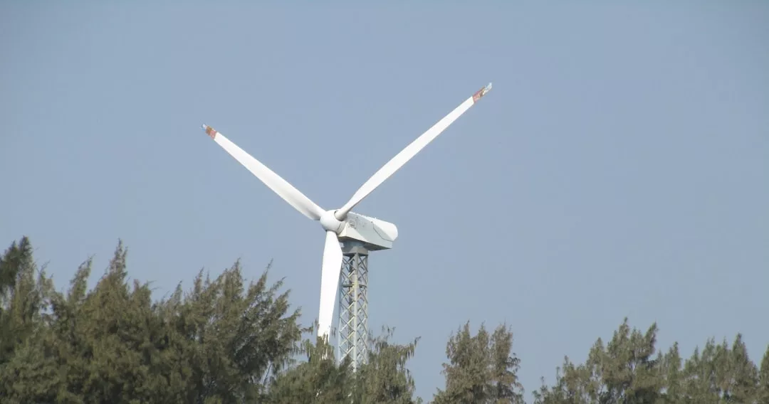 Eine Windkraftanlage eines führenden Windkraftanlagenherstellers mit einem gebrochenen Flügel steht über einer Baumreihe vor einem klaren blauen Himmel.