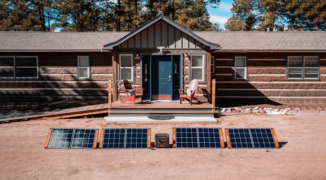 Vier tragbare Solarpaneelen und ein Kraftwerk werden vor einem Haus mit Veranda und zwei Stühlen aufgestellt, umgeben von Bäumen - perfekt für nachhaltige Energie und umweltfreundliche Energiegewinnung im eigenen Garten.