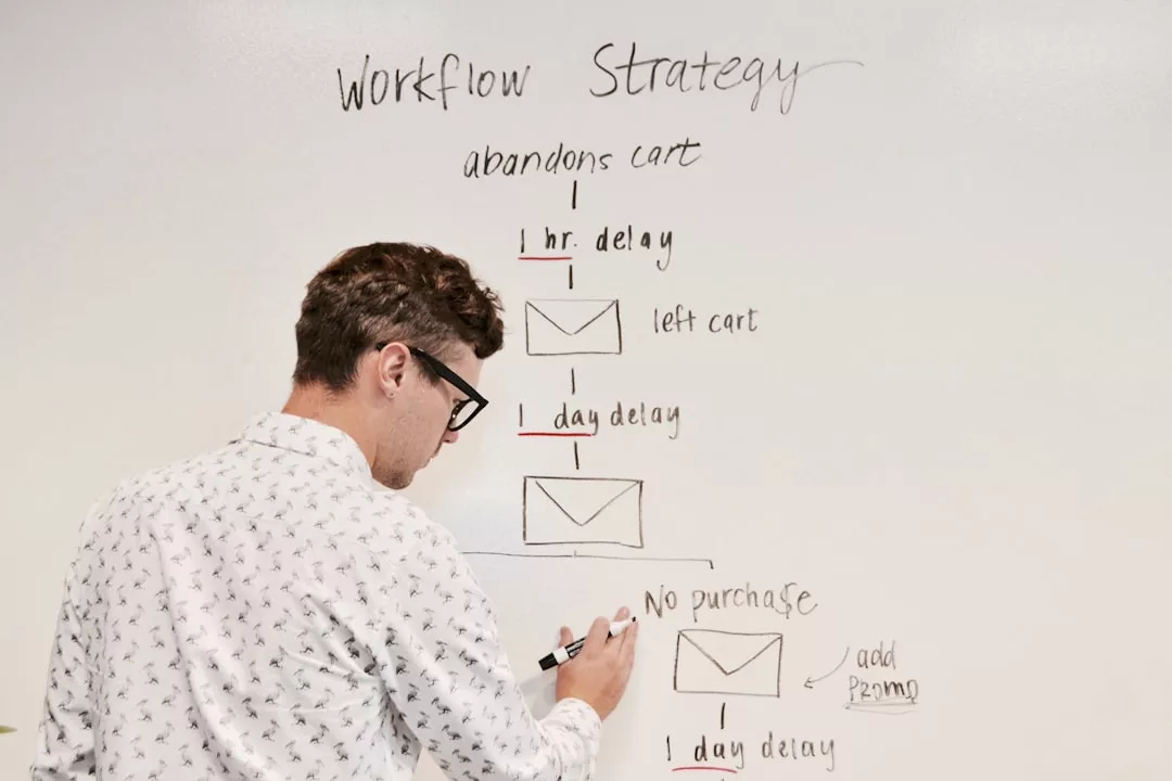 Ein Mann schreibt auf ein Whiteboard mit einem Diagramm mit der Aufschrift "Workflow-Strategie", das die Schritte und Verzögerungen für E-Mail-Erinnerungen bei Warenkorbabbrüchen zeigt, und gibt nützliche Tipps und Lernstrategien ideal für Studenten im digitalen Marketing weiter.