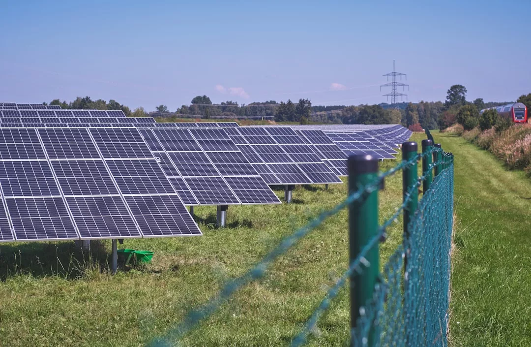 Reihen von Solarmodulen, die auf einer Wiese installiert sind, zeigen innovative Solartechnologien, getrennt durch einen grünen Drahtzaun, mit Bäumen und Stromleitungen im Hintergrund unter einem klaren Himmel.