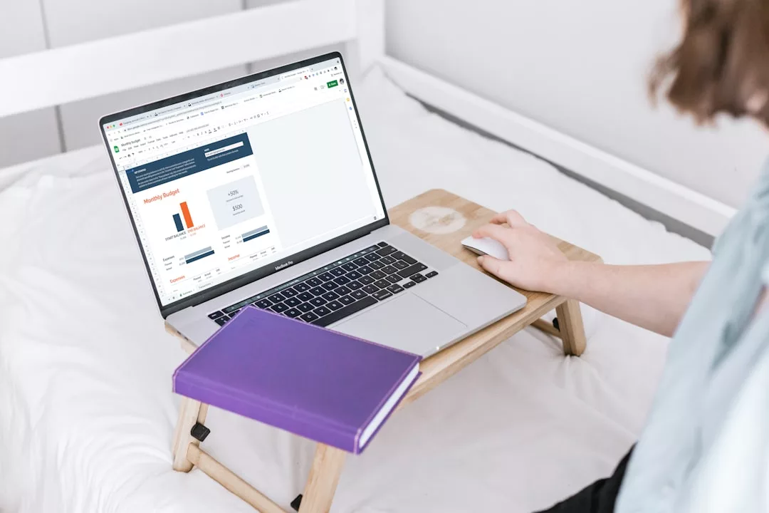 Eine Person benutzt einen Laptop, der eine monatliche Budgetseite anzeigt, während sie auf einem Bett mit einem lila Notizbuch auf einem kleinen Holztisch sitzt und die Grundlagen des Budgetierens und verschiedene Anwendungen zur besseren Finanzplanung erkundet.