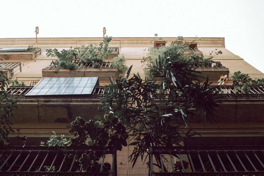 Foto der Balkone eines Gebäudes von unten aufgenommen, mit verschiedenen Grünpflanzen und Topfblumen an den Geländern - ein inspirierendes Beispiel für Haushalt und effiziente Maßnahmen zum Energiesparen durch natürliche Begrünung.