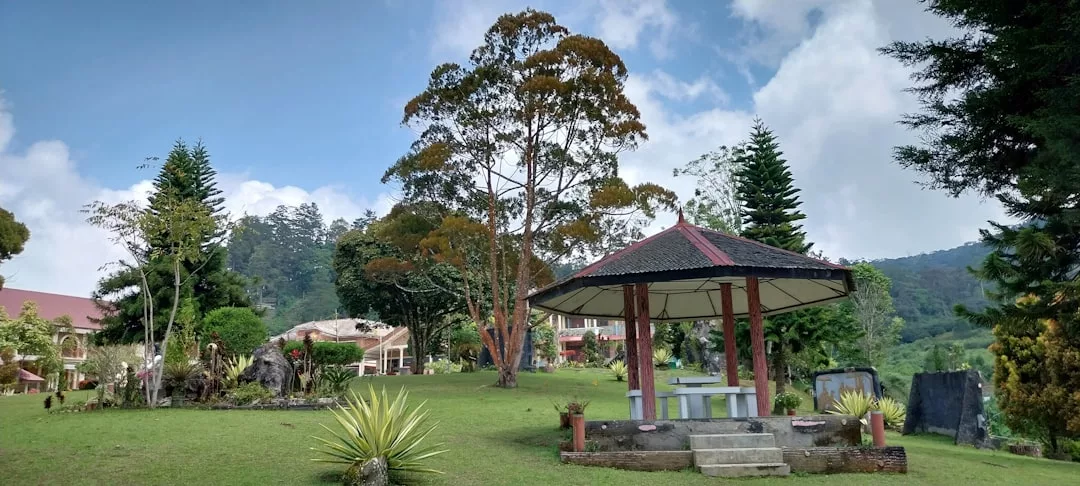 Ein charmanter Pavillon mit Bänken steht auf einer Wiese, umgeben von Bäumen und Pflanzen, mit Gebäuden im Hintergrund unter einem teilweise bewölkten Himmel.