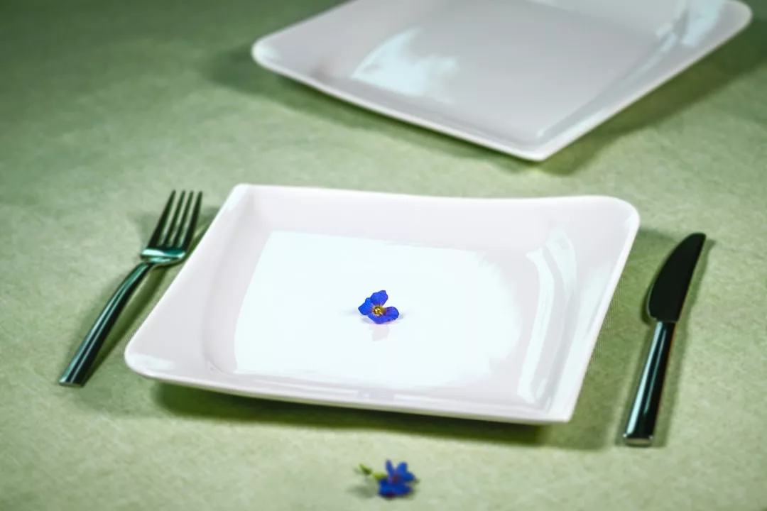 Ein quadratischer weißer Teller mit einer einzelnen kleinen blauen Blume in der Mitte, der neben einer Gabel und einem Messer auf einer beigen Tischdecke steht, erinnert an die Inspiration für kinderfreundliche Gerichte. Im Hintergrund ist ein weiterer Teller zu sehen.