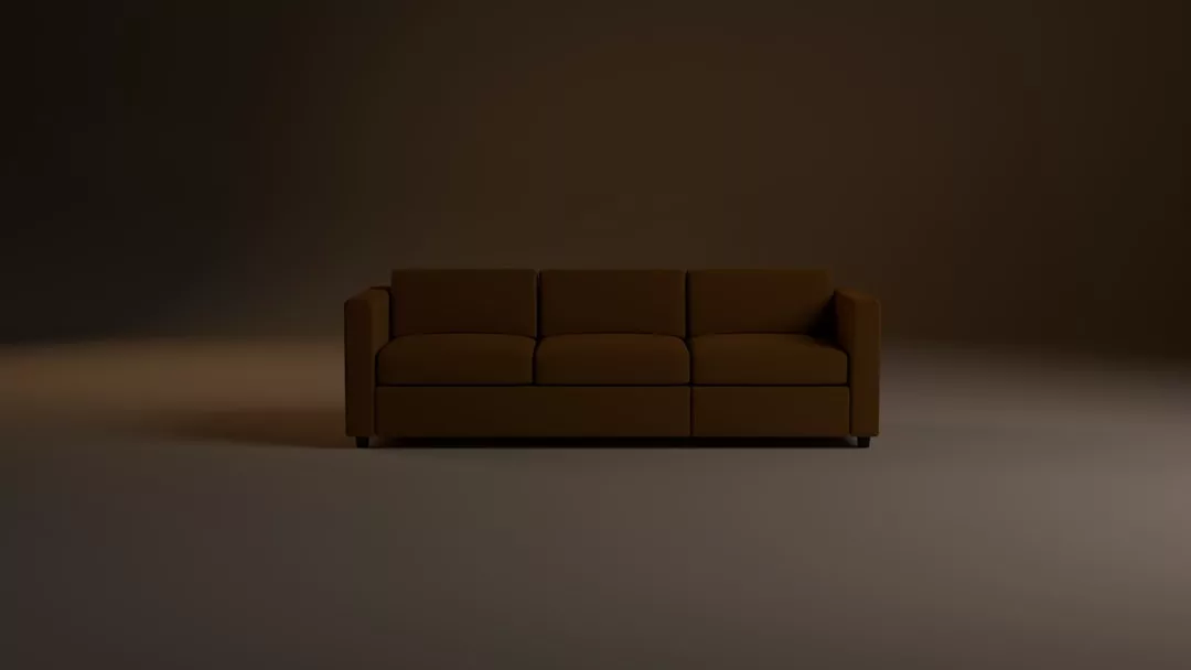 Ein braunes Dreisitzer-Sofa steht in der Mitte eines schwach beleuchteten, leeren Raums mit einem schlichten Boden und Hintergrund - eine einladende Leinwand für kreative Möbel oder inspirierende DIY-Möbel und selbstgemachte Einrichtungsideen.