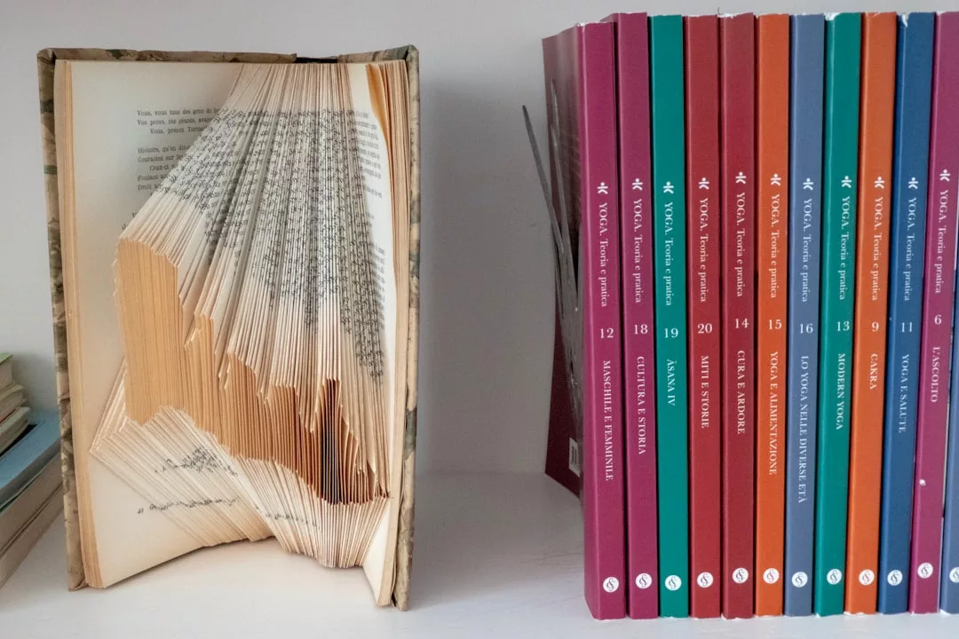 Ein aufgeschlagenes Buch mit kunstvoll gefalteten Seiten - eine Mischung aus Literatur und Kunst - steht neben einer Reihe bunter, fein säuberlich geordneter Kunstbücher in einem Regal.