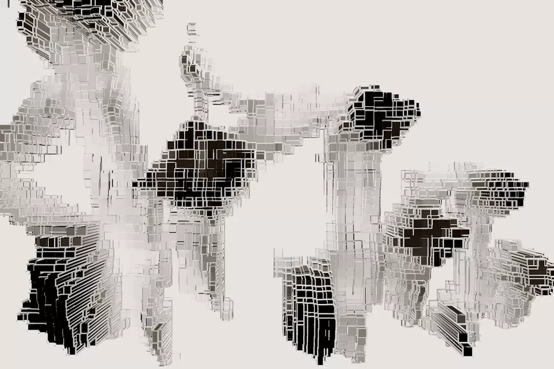 Abstraktes digitales Kunstwerk mit fragmentierten, blockartigen Formen in Schwarz-, Weiß- und Grautönen, die vor einem unifarbenen Hintergrund angeordnet sind und an Themen wie Struktur und das Streben nach Leistungssteigerung erinnern.