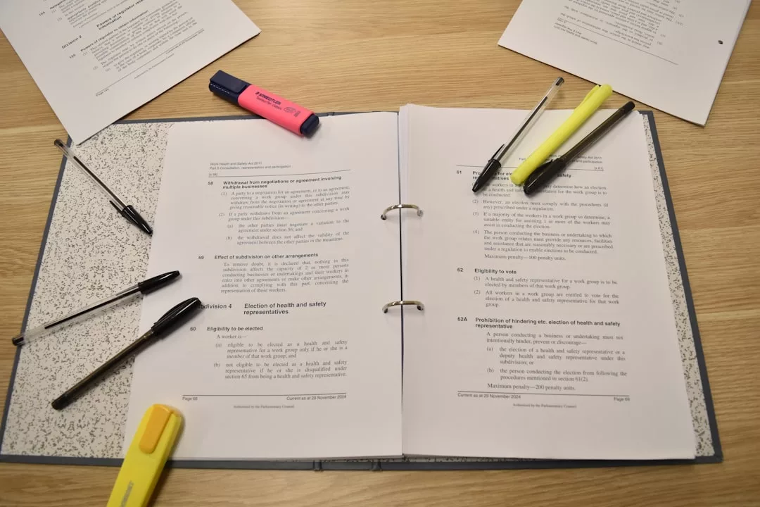 Ein offener Ordner mit gedruckten Dokumenten, Textmarkern und Stiften auf einem hölzernen Schreibtisch - eine praktische Einrichtung zum Planen oder Schreiben von Abschlussarbeiten; weitere Papiere werden in der Nähe platziert.