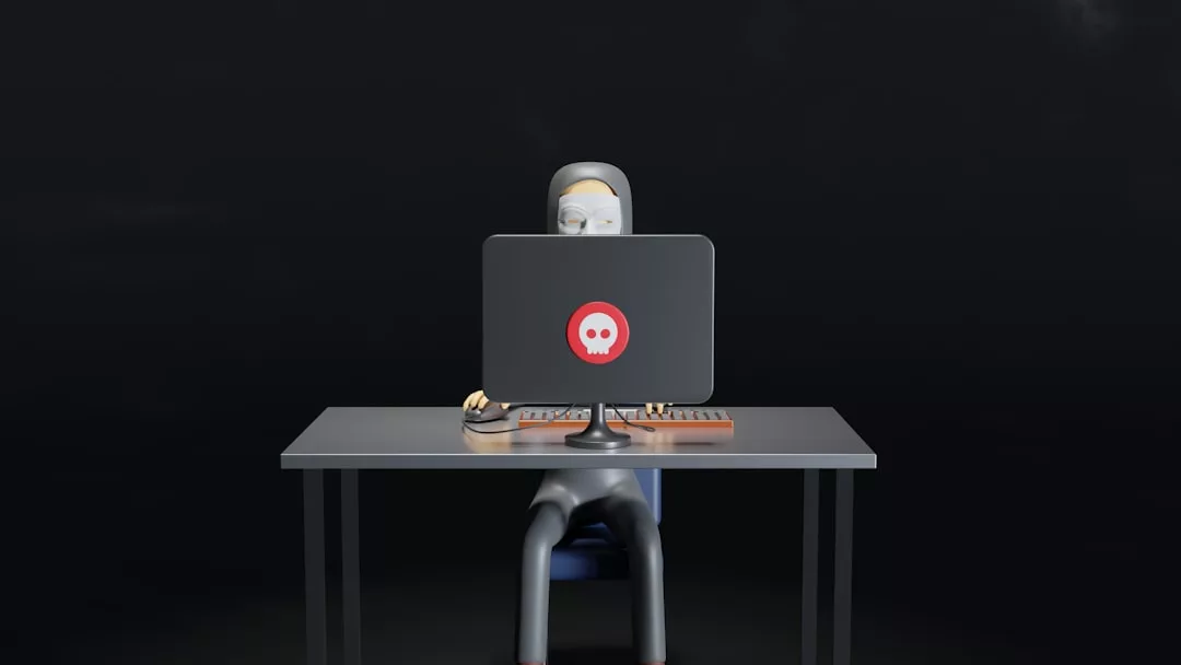 Eine 3D-Figur sitzt an einem Schreibtisch und benutzt einen Computer mit einem Totenkopfsymbol auf dem Monitor, das die Internetsicherheit und die Bedeutung von Sicherheit für Kinder im Internet vor einem schlichten schwarzen Hintergrund hervorhebt.