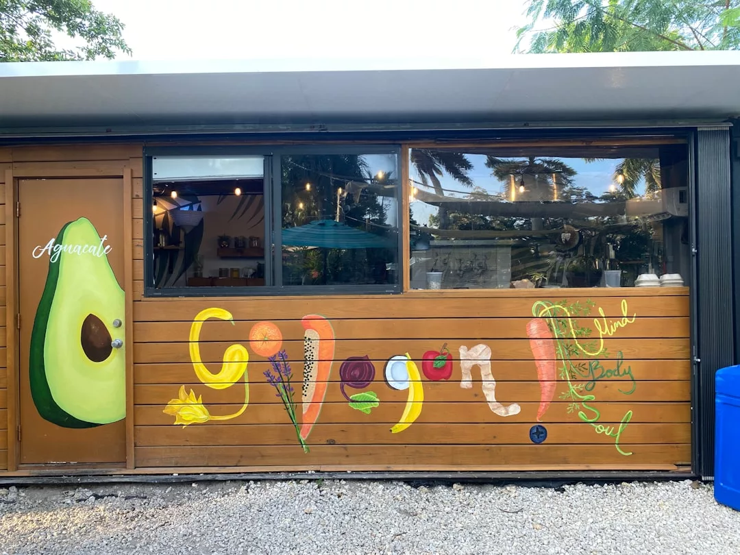 Ein hölzerner Essensstand mit einer großen gemalten Avocado an der Tür und bunten "Go Vegan! Mind Body Soul"-Schriftzug bietet vegane Ernährungstipps, mit Lebensmittelillustrationen an der Wand. Durch die Fenster sind Bäume und Regenschirme zu sehen.